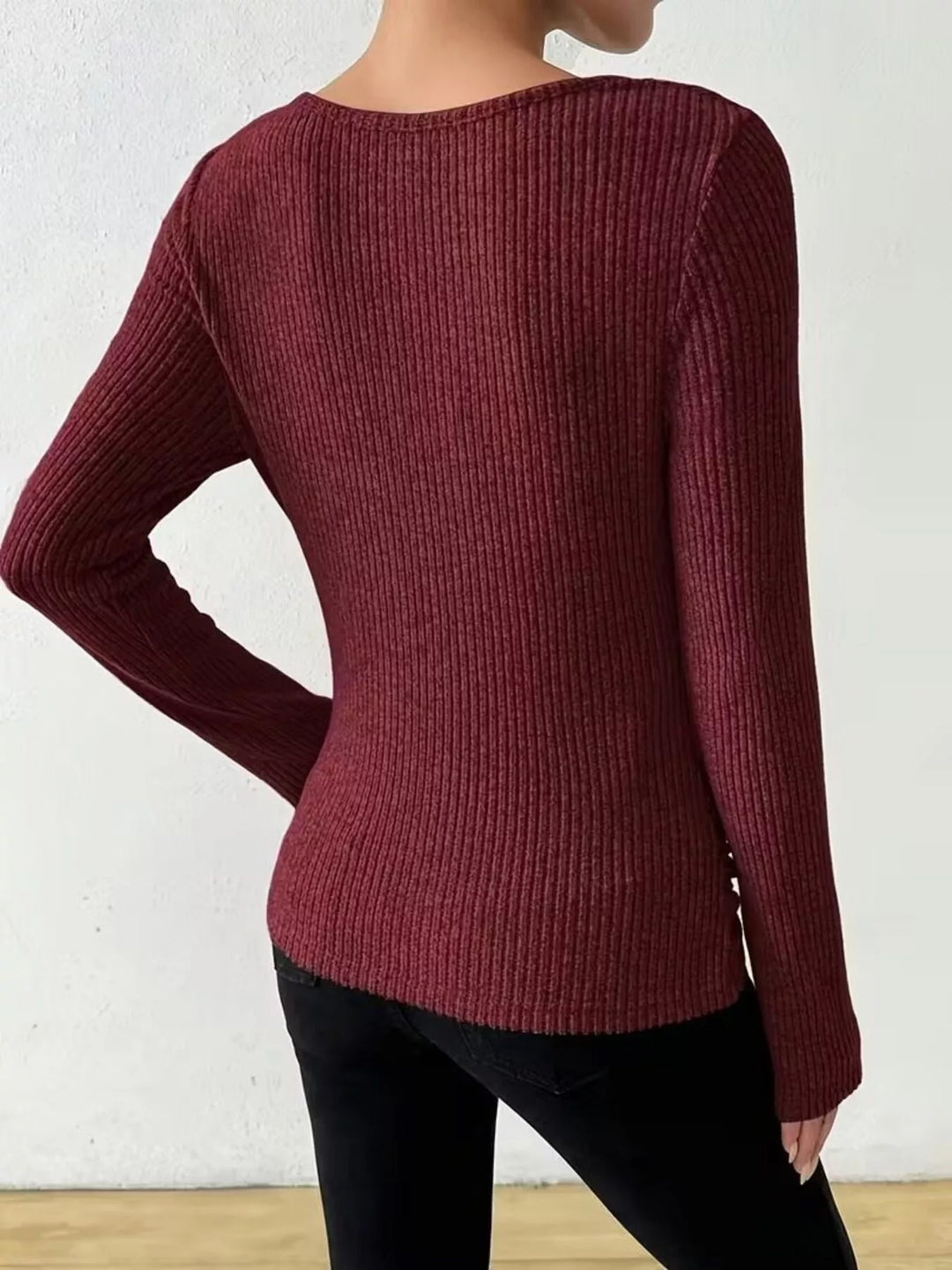 Ruched cowl neck ribbed knit long sleeve top