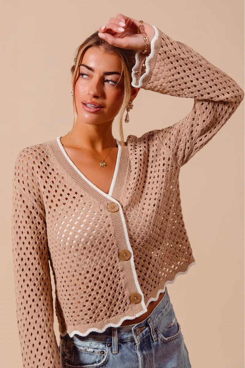 Open knit button-front cardigan with scallop contrast trim