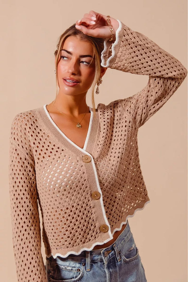 Open knit button-front cardigan with scallop contrast trim