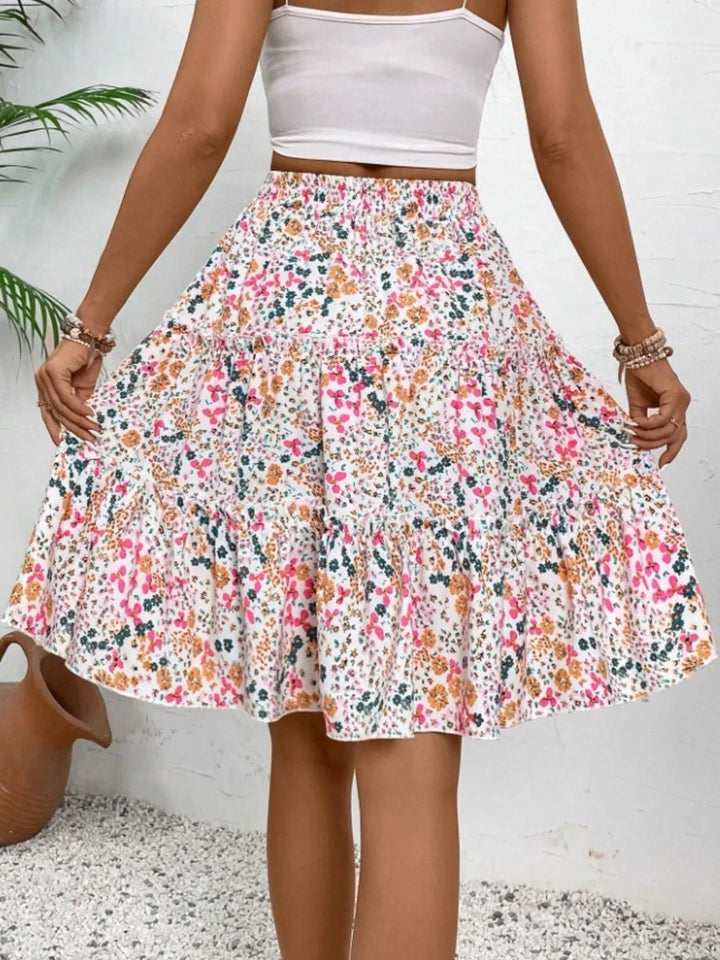 Floral print tiered ruffle mini skirt