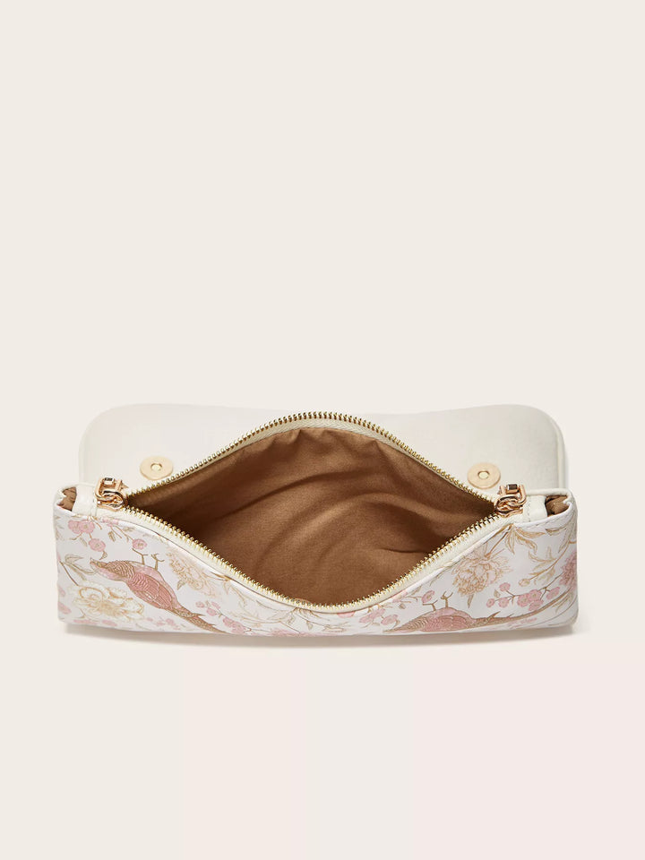 Floral bird print mini shoulder bag with woven chain strap