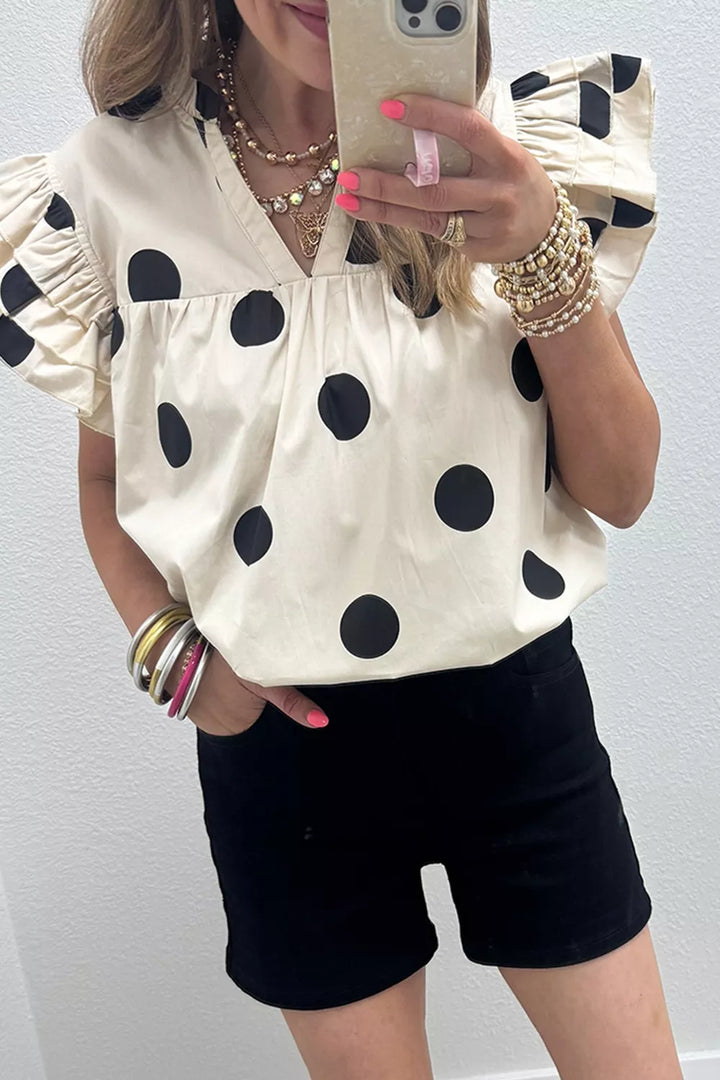 Polka dot ruffle flutter sleeve split V-neck blouse