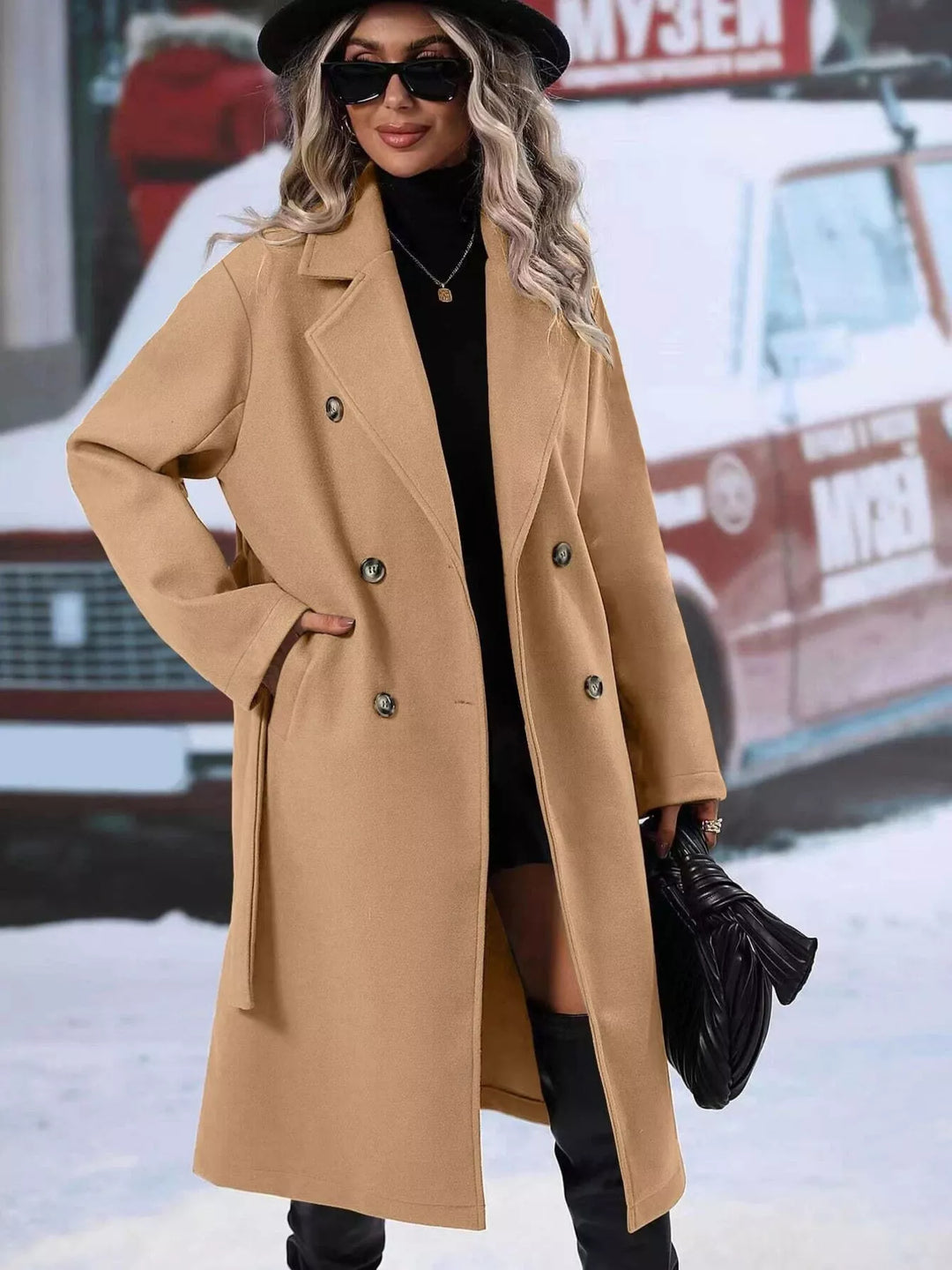 Double-breasted belted longline overcoat with lapel collar