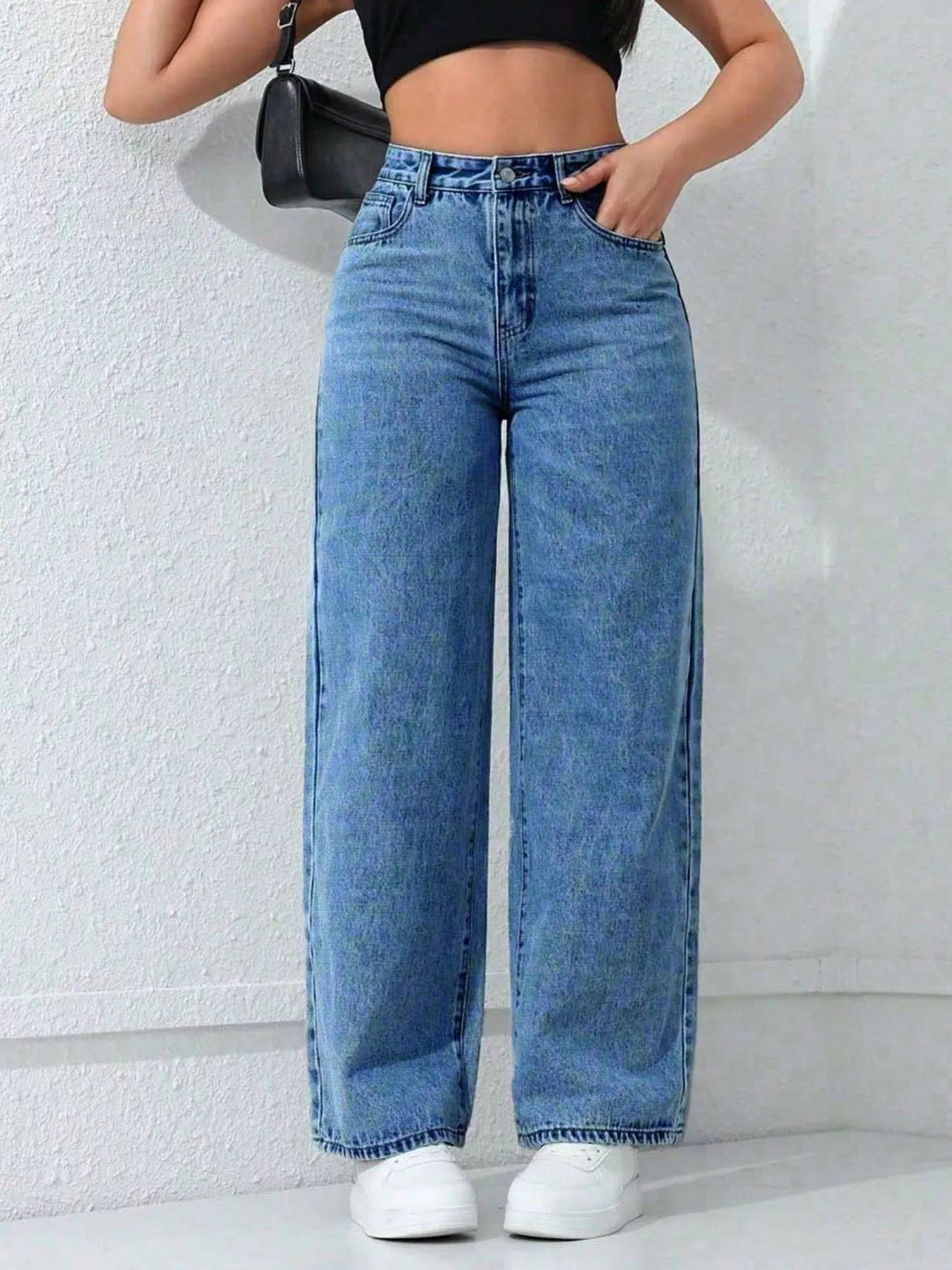 Blue High-rise wide-leg jeans with five-pocket styling