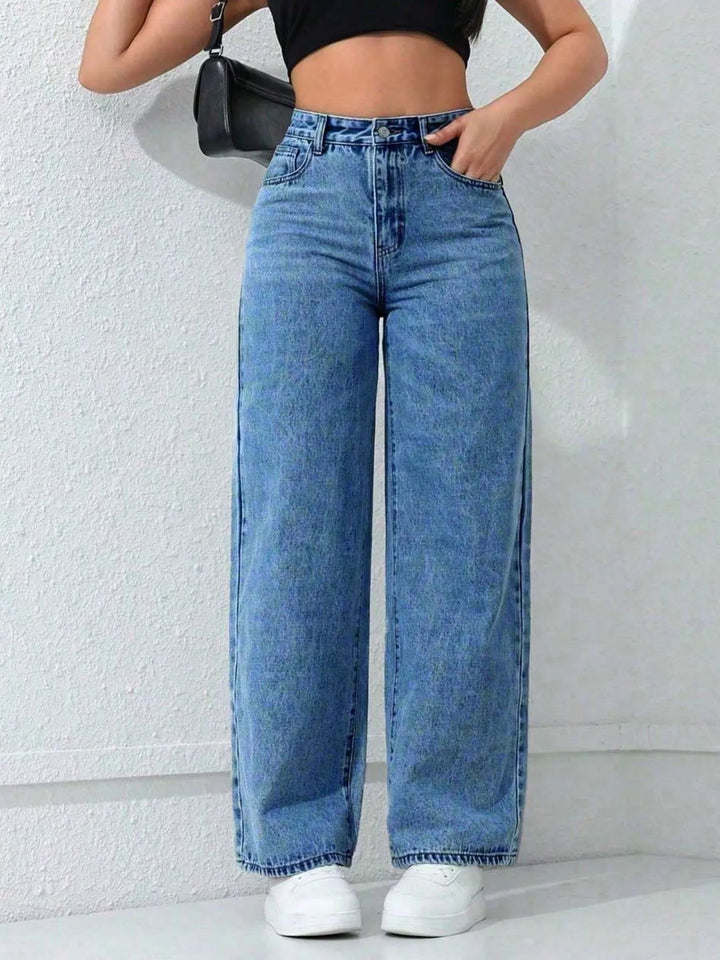 Blue High-rise wide-leg jeans with five-pocket styling
