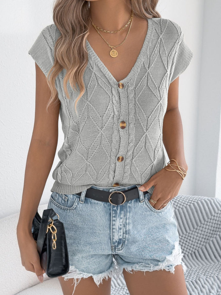 Cable knit V-neck button-down cardigan with short sleeves