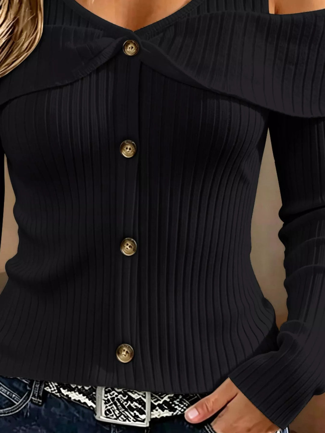 Cold shoulder ribbed knit top with foldover collar and buttons
