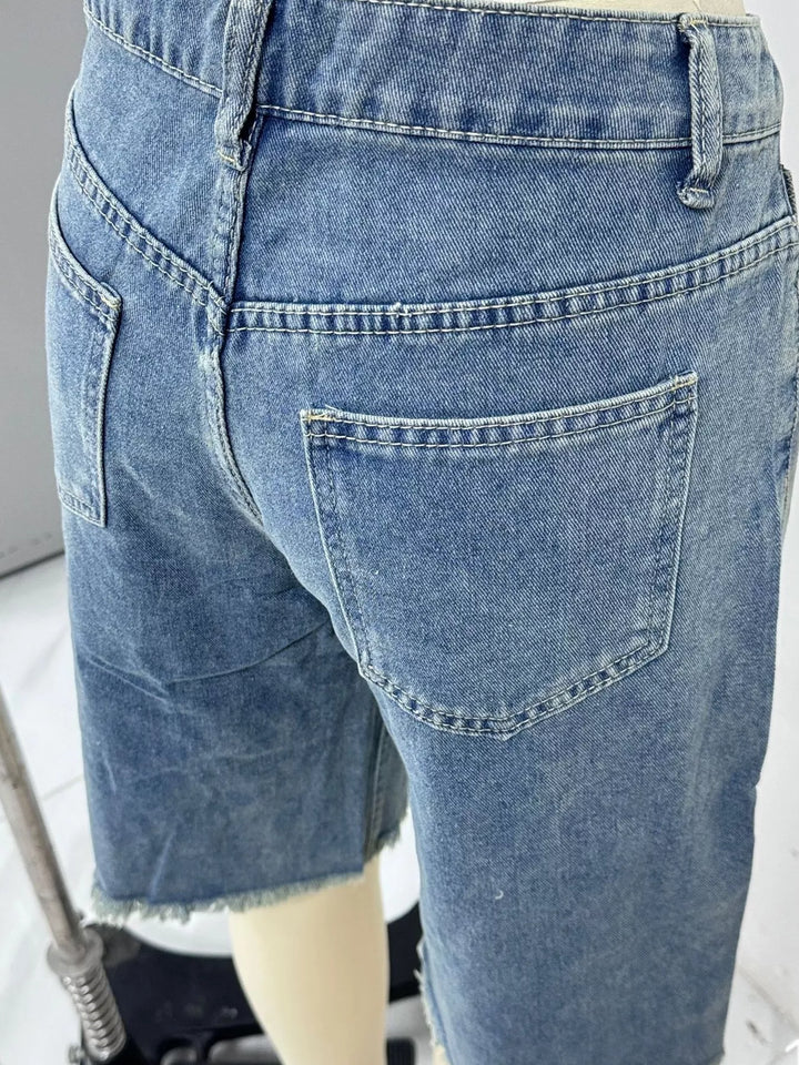 Frayed hem mid-rise relaxed Bermuda denim shorts