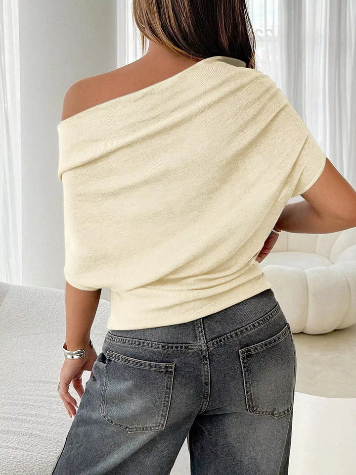 Off-shoulder ruched ribbed knit short-sleeve top