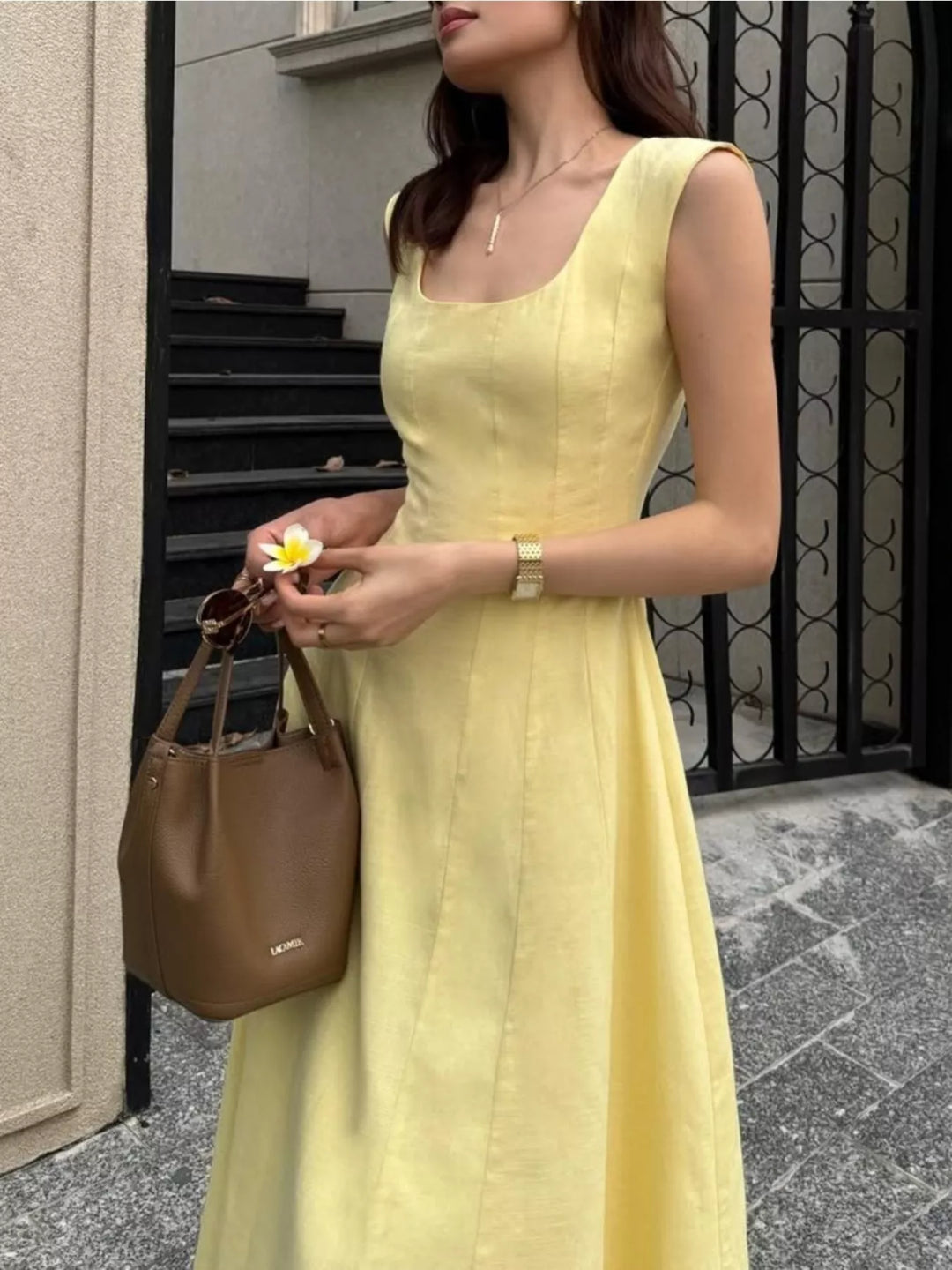 Sleeveless princess-seam A-line midi dress with scoop neck