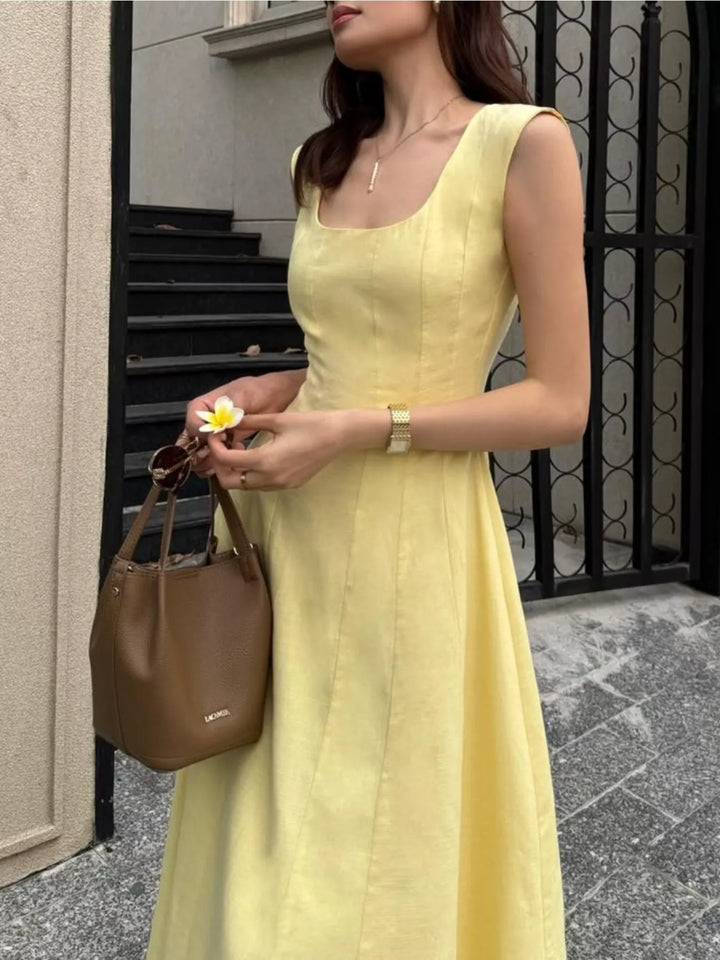 Sleeveless princess-seam A-line midi dress with scoop neck