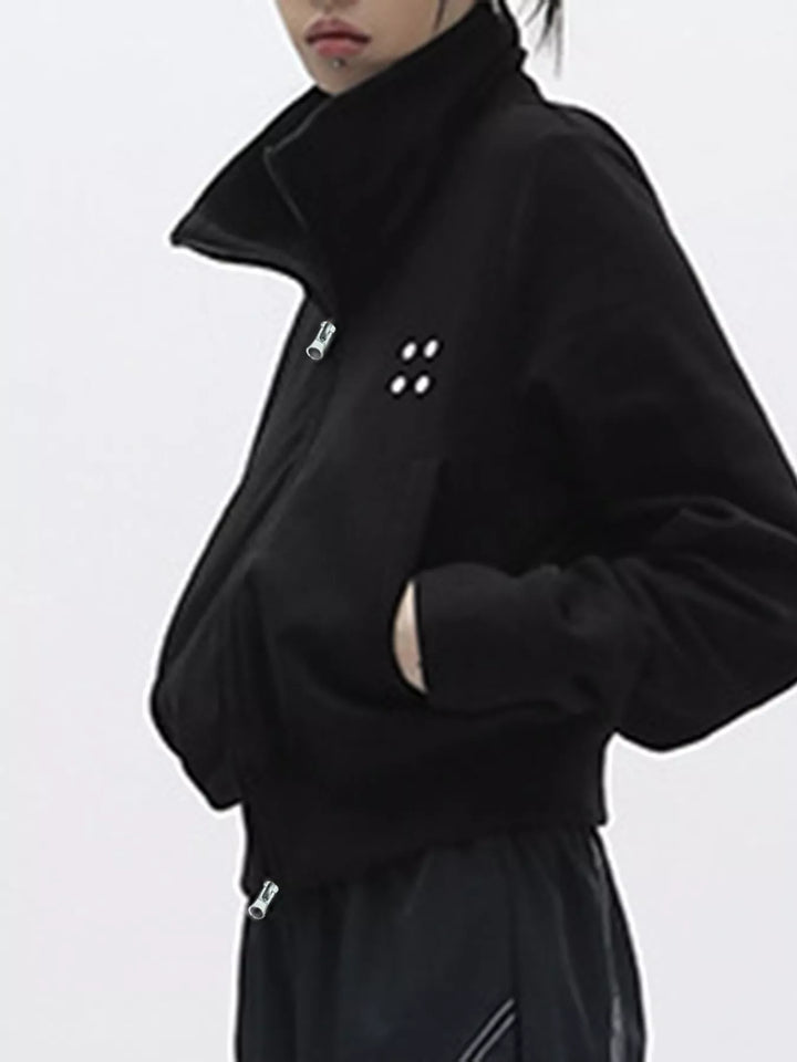 Cropped stand-collar zip-up jacket with two-way zipper