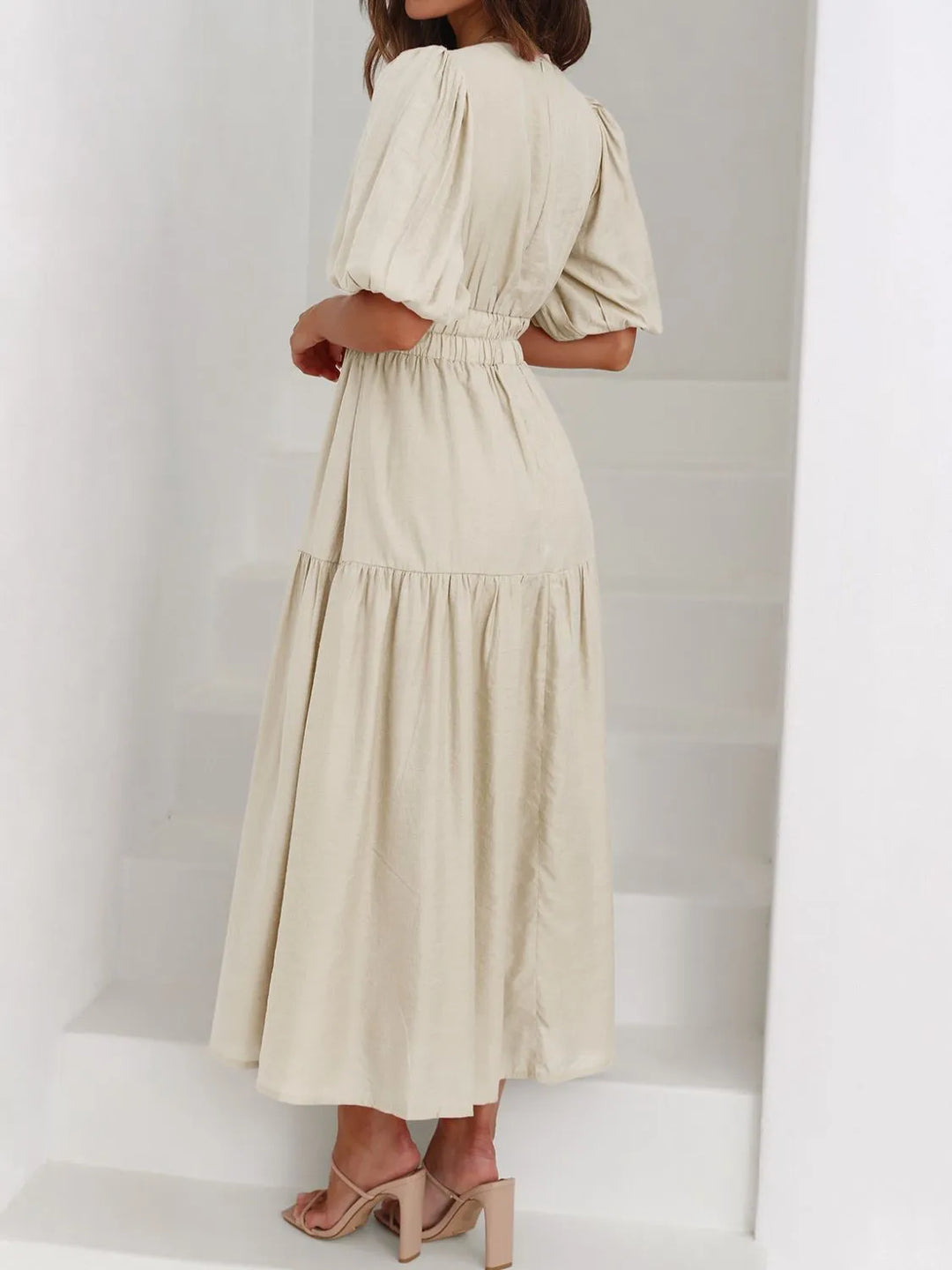 Ruched waist puff sleeve v-neck tiered midi dress