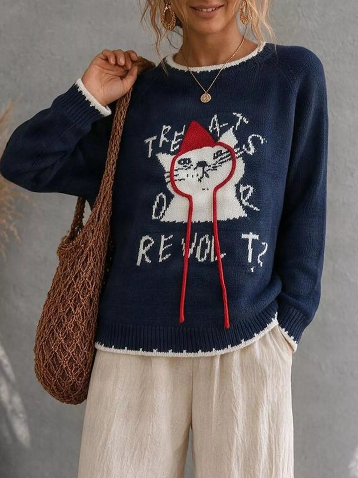 Navy Cat graphic raglan sleeve knit sweater with contrast trim