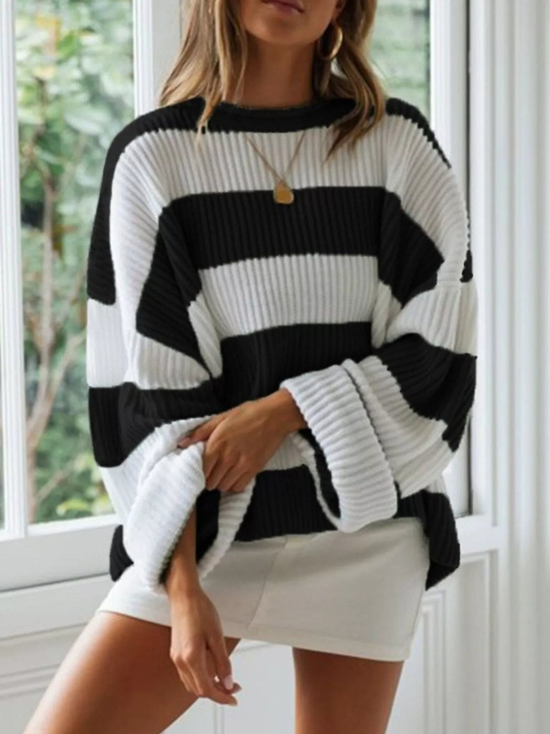 Oversized striped ribbed knit crew neck sweater