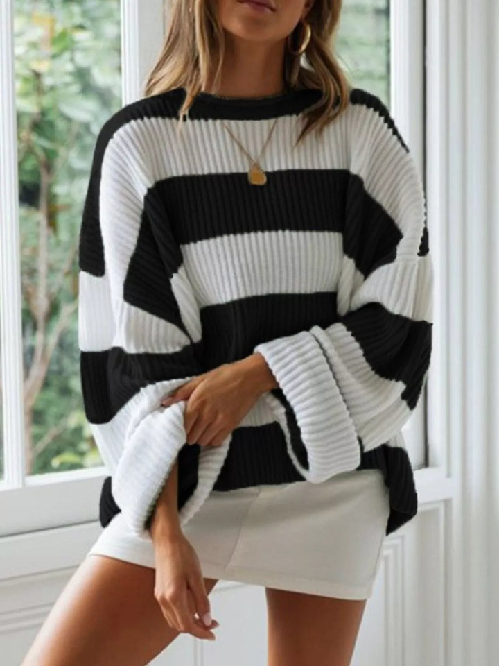 Oversized striped ribbed knit crew neck sweater