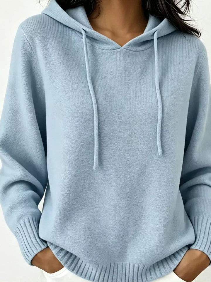 Light Blue Drawstring hooded knit pullover sweater with ribbed trim
