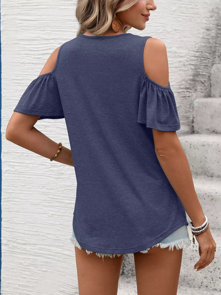 Cold shoulder V-neck top with ruched chest and ruffle sleeves