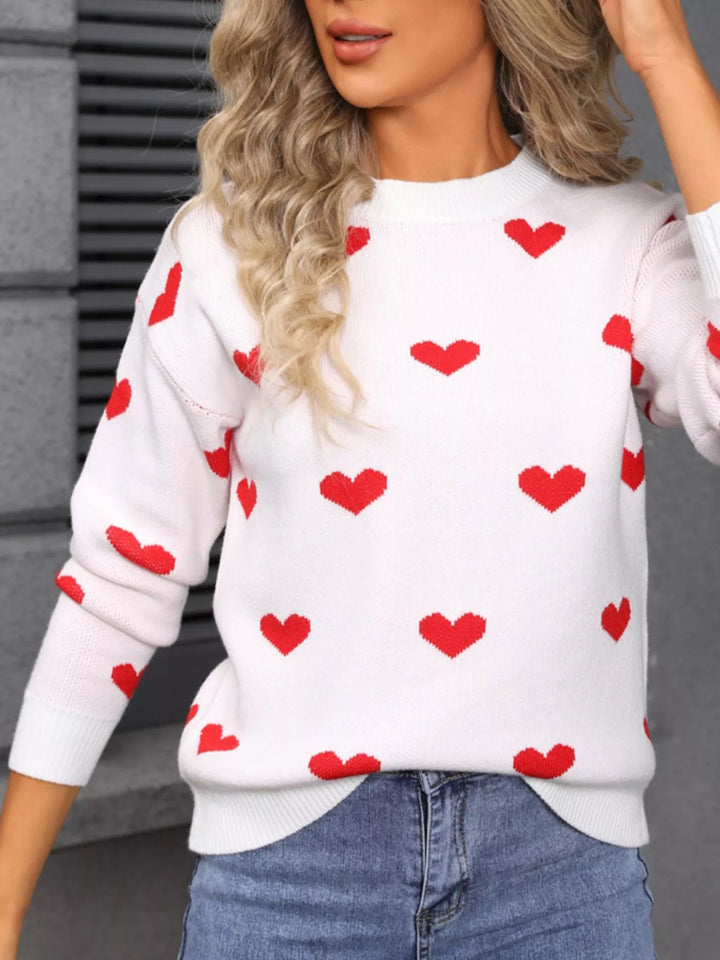 Heart pattern dropped shoulder crew neck sweater