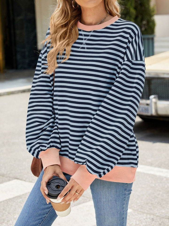 Striped crew neck sweatshirt with contrast ribbed trim