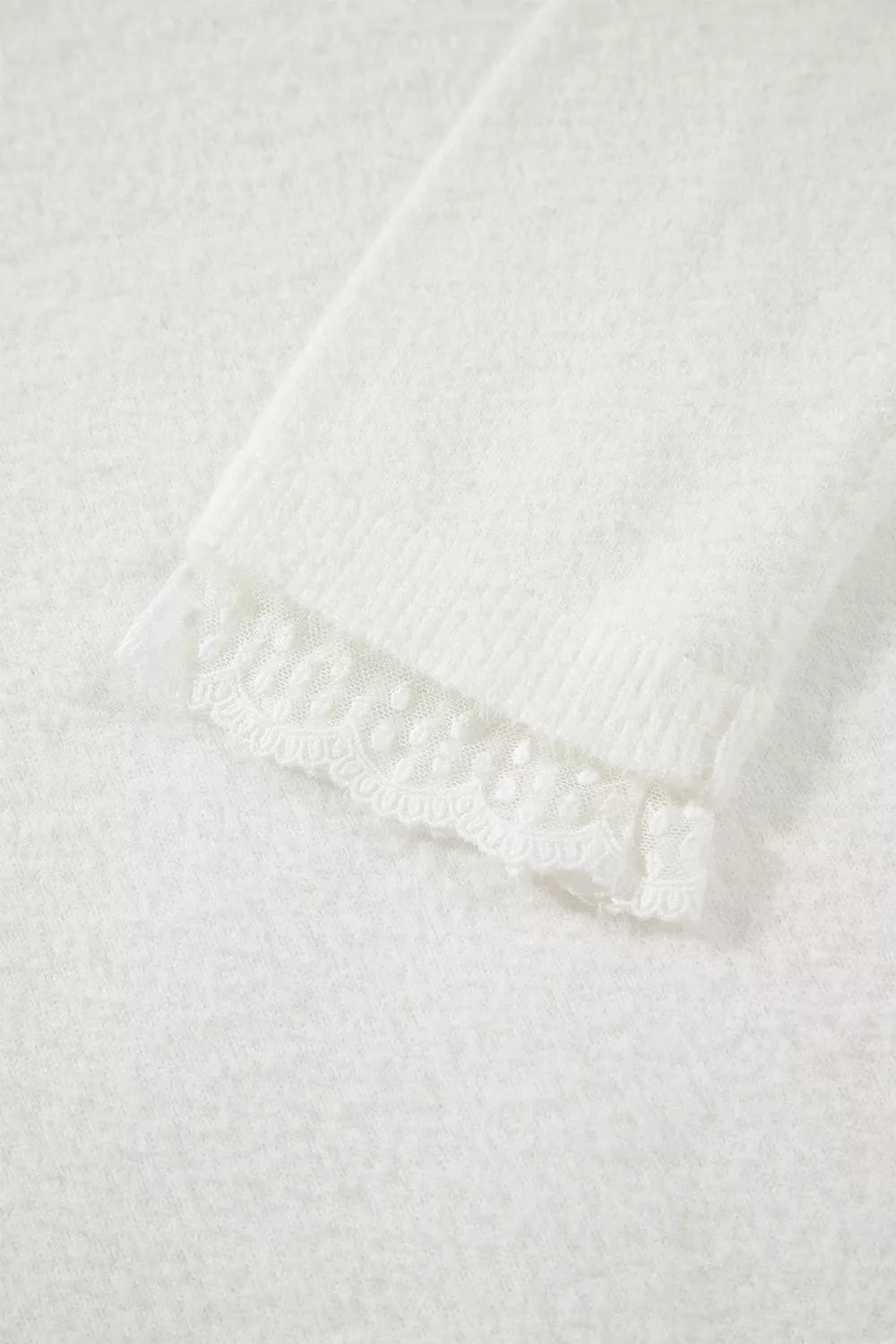 Lace trim fuzzy knit crew neck pullover sweater