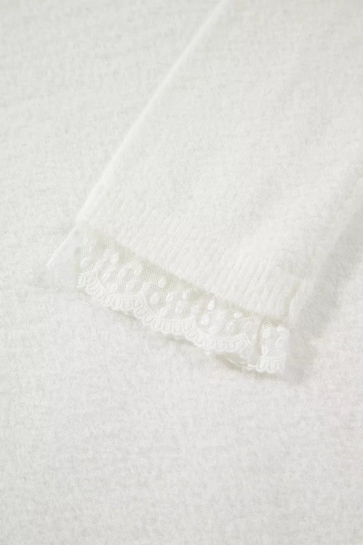 Lace trim fuzzy knit crew neck pullover sweater