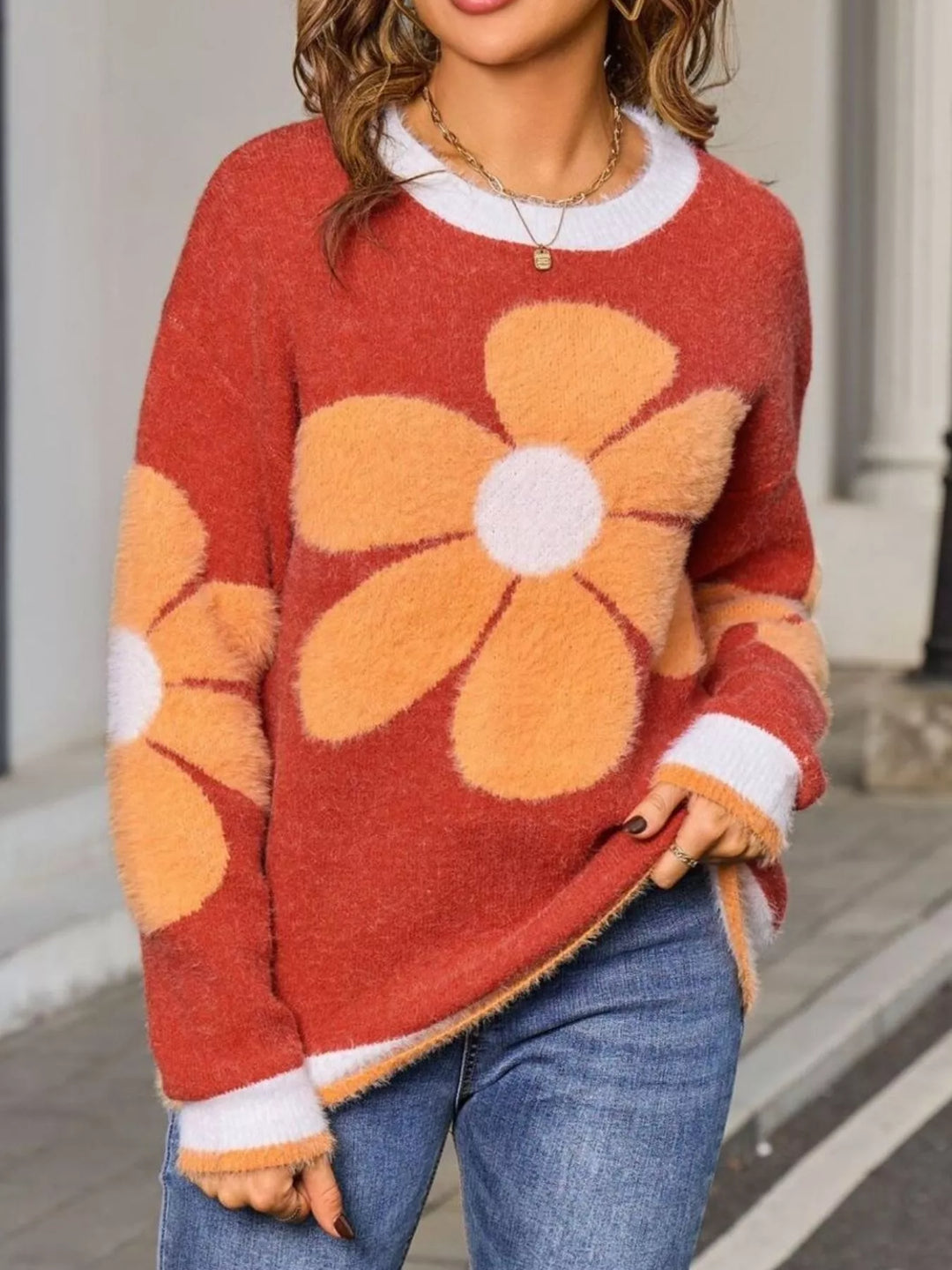 Orange Fuzzy knit floral crew neck sweater with contrast trim