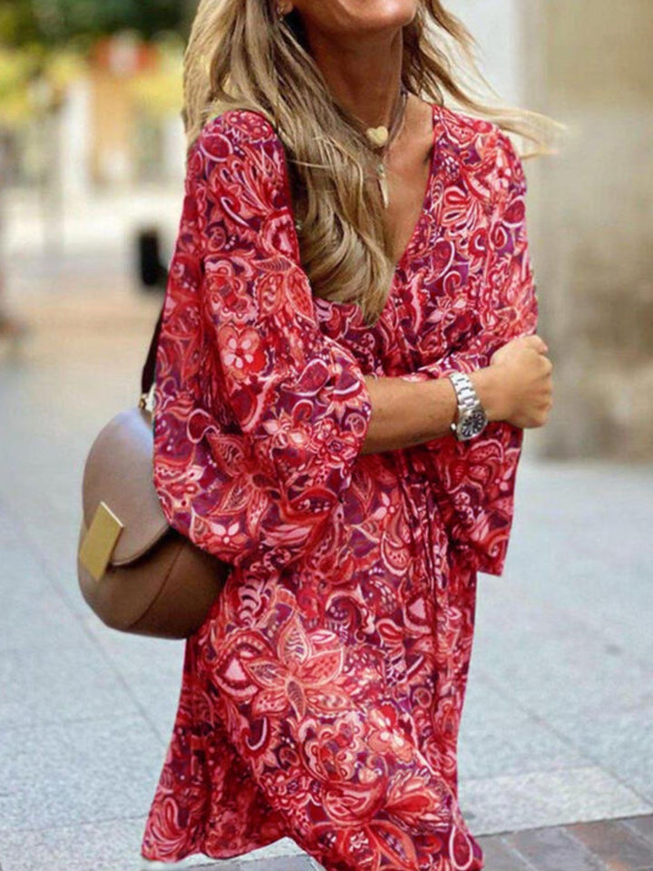 Paisley print balloon sleeve V-neck mini dress