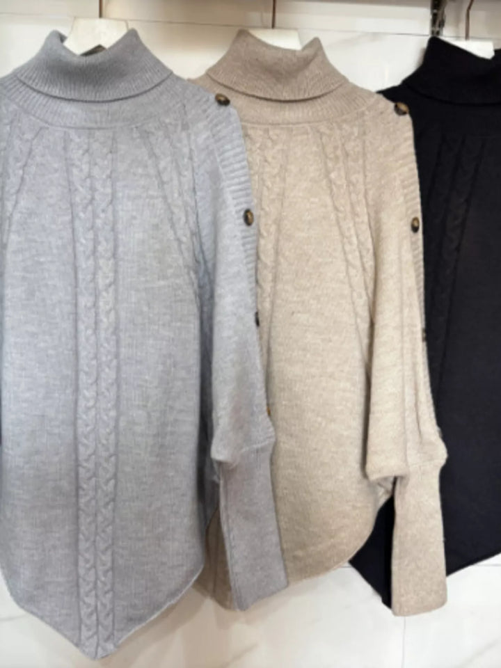 Grey Cable knit turtleneck cape sweater with button shoulder