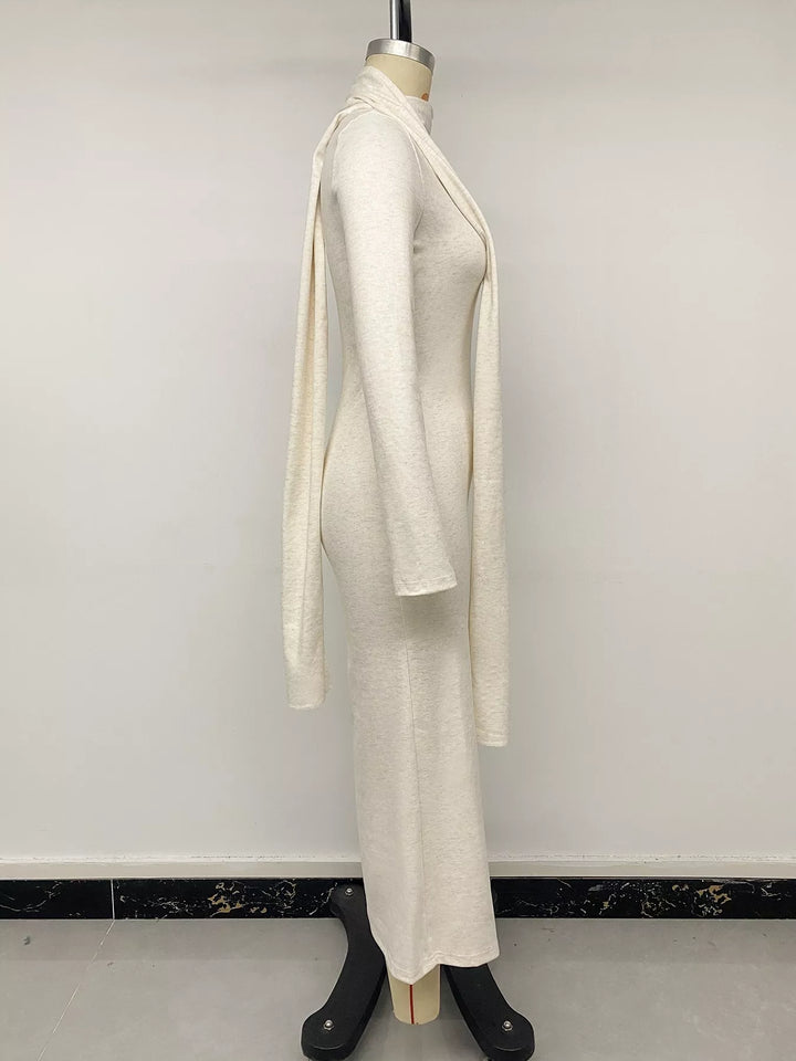 Scoop neck long sleeve knit maxi dress with scarf