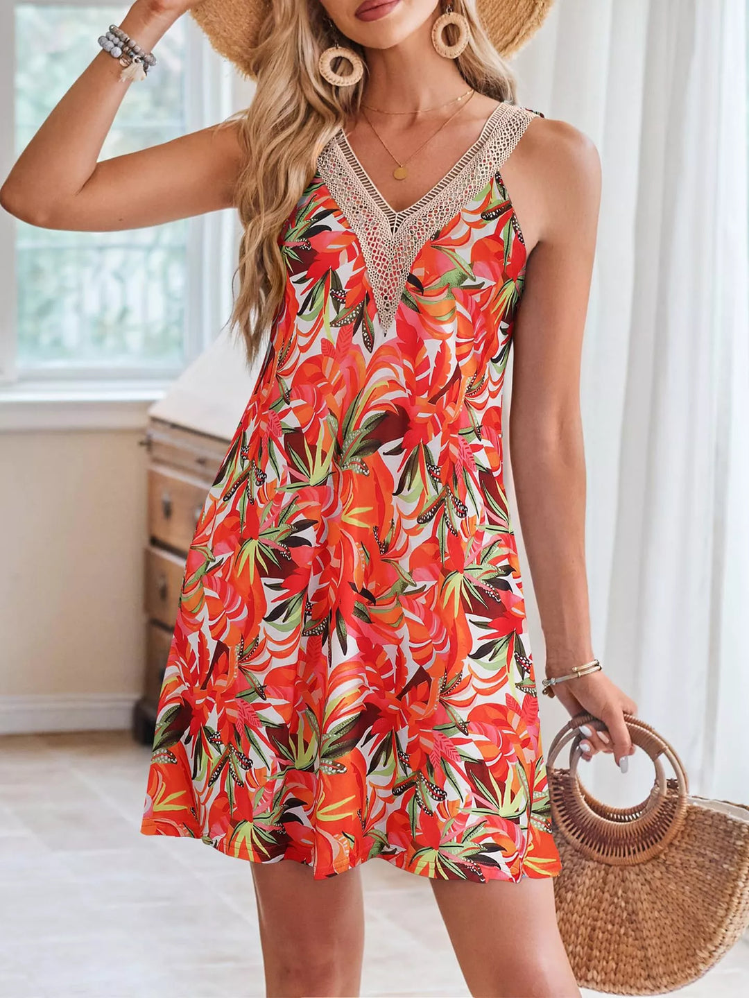 Tropical leaf print V-neck mini dress with crochet trim