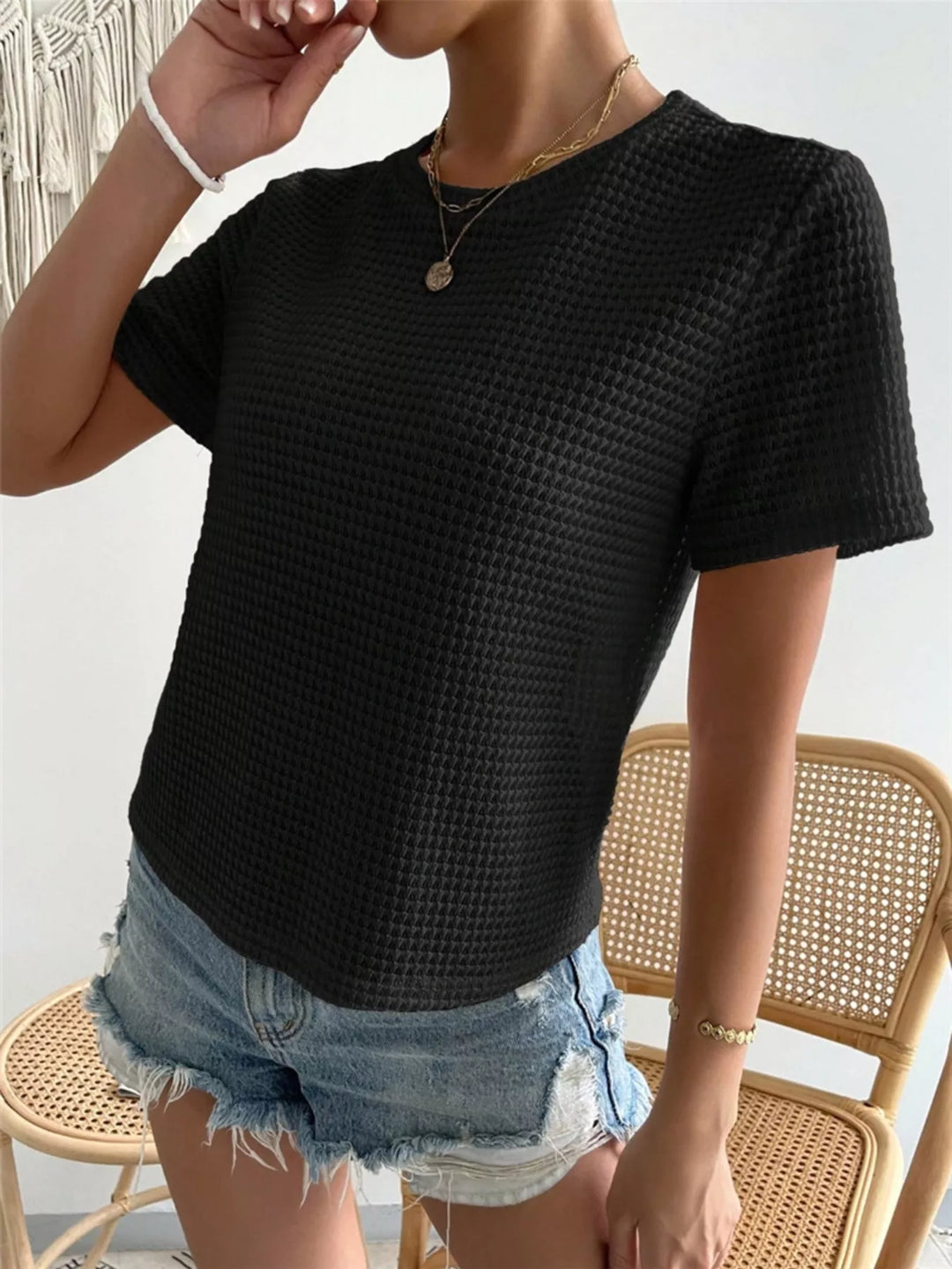 Waffle knit crew neck short sleeve top