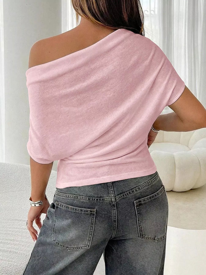 Off-shoulder ruched ribbed knit short-sleeve top