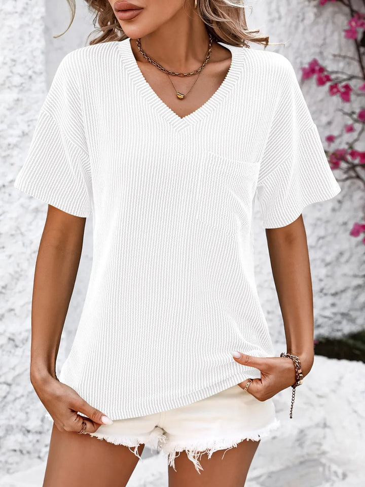 Ribbed V-neck dropped-shoulder tee with chest pocket