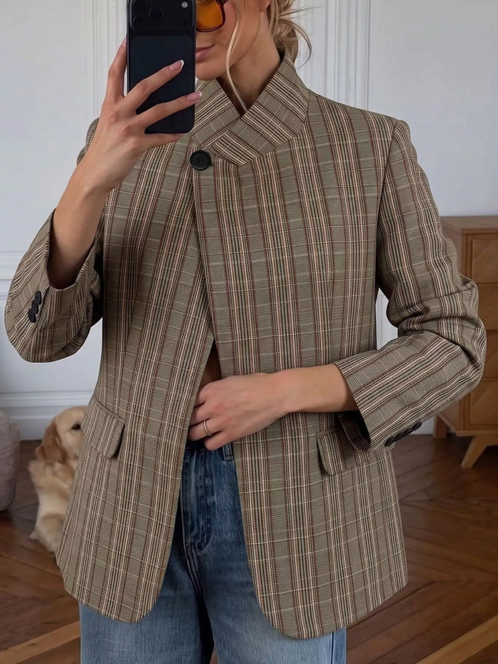 Mocha Plaid asymmetric single-button blazer with stand collar