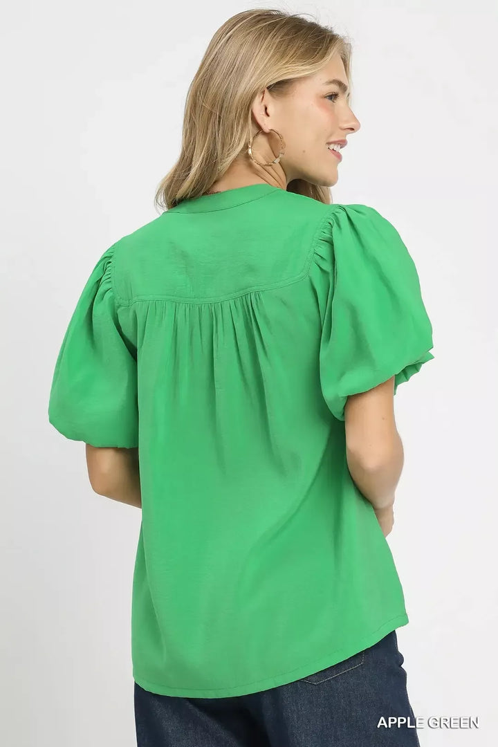 Puff sleeve button-front blouse with notched neckline