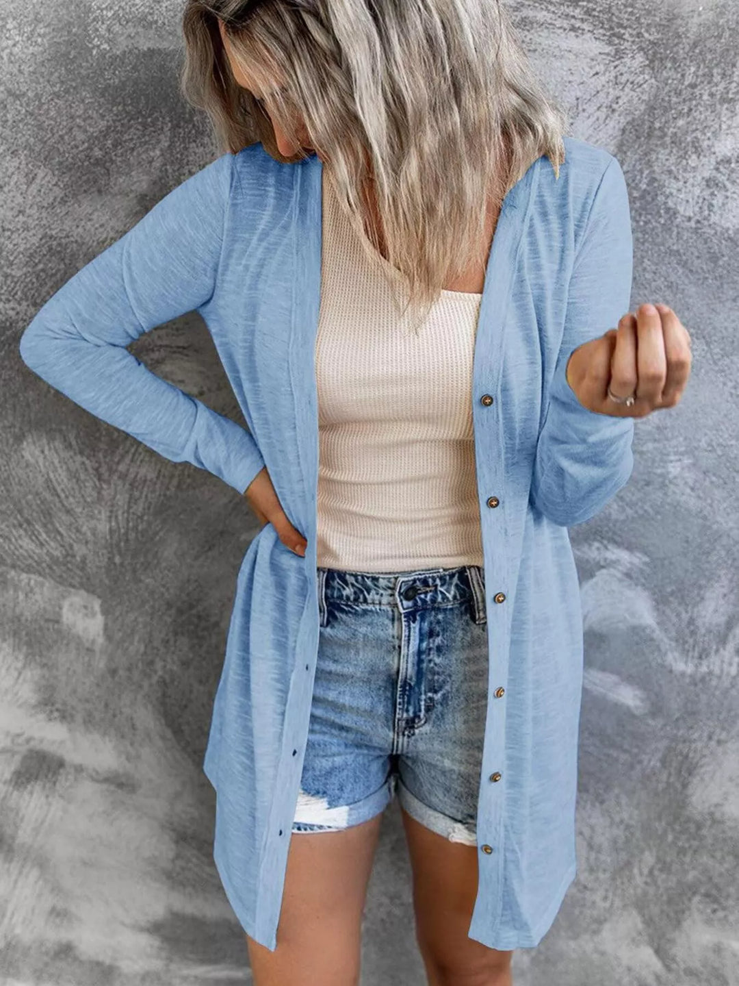 Sky Blue Lightweight button-front longline open knit cardigan