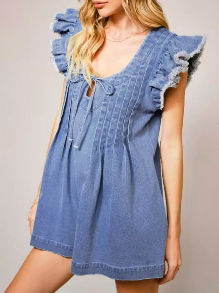 Ruffle sleeve denim romper with tie front and pintuck pleats