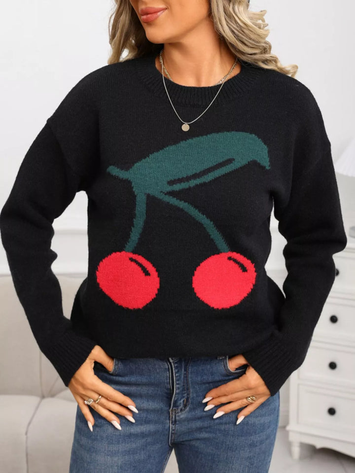 Cherry motif crew neck long sleeve knit sweater