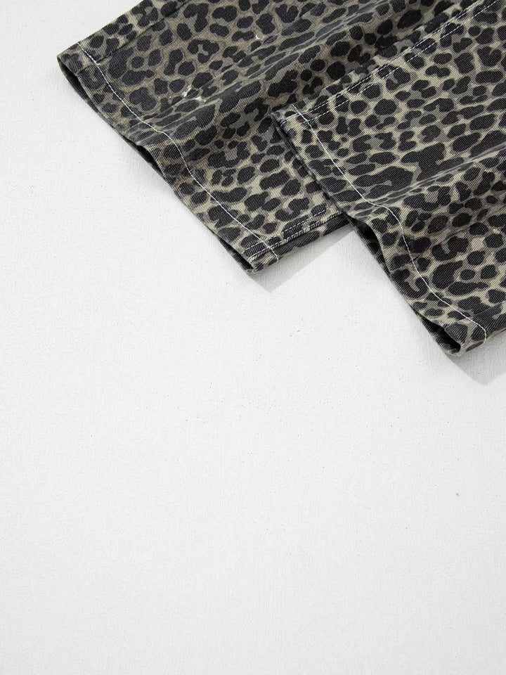 Leopard print high-rise barrel-leg jeans with pockets