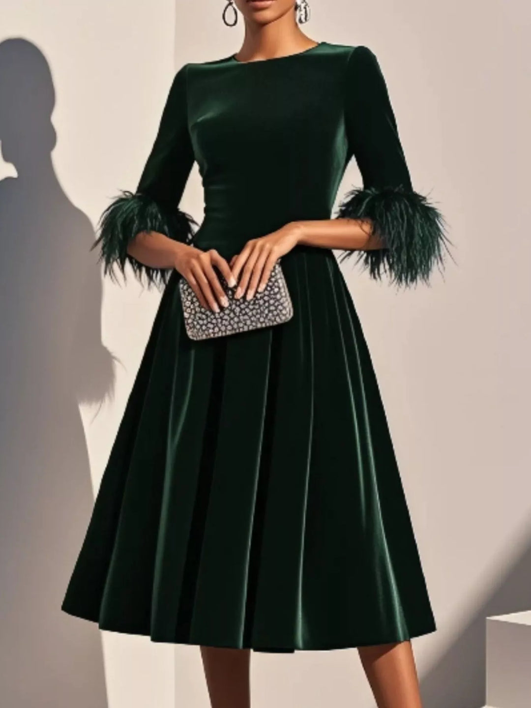 Green Feather cuff velvet midi dress with full A-line skirt