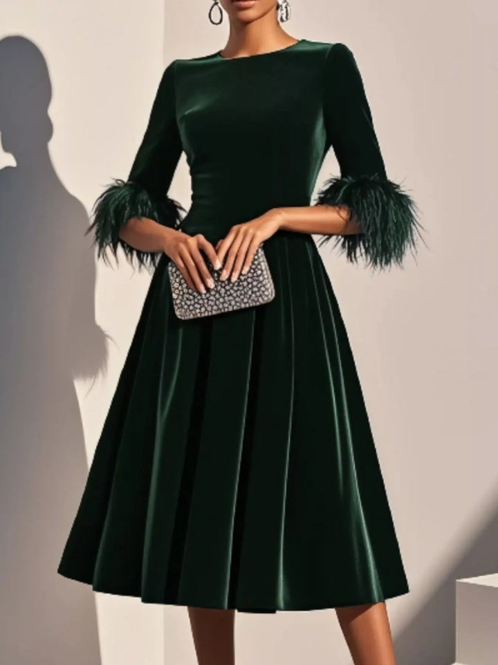Green Feather cuff velvet midi dress with full A-line skirt