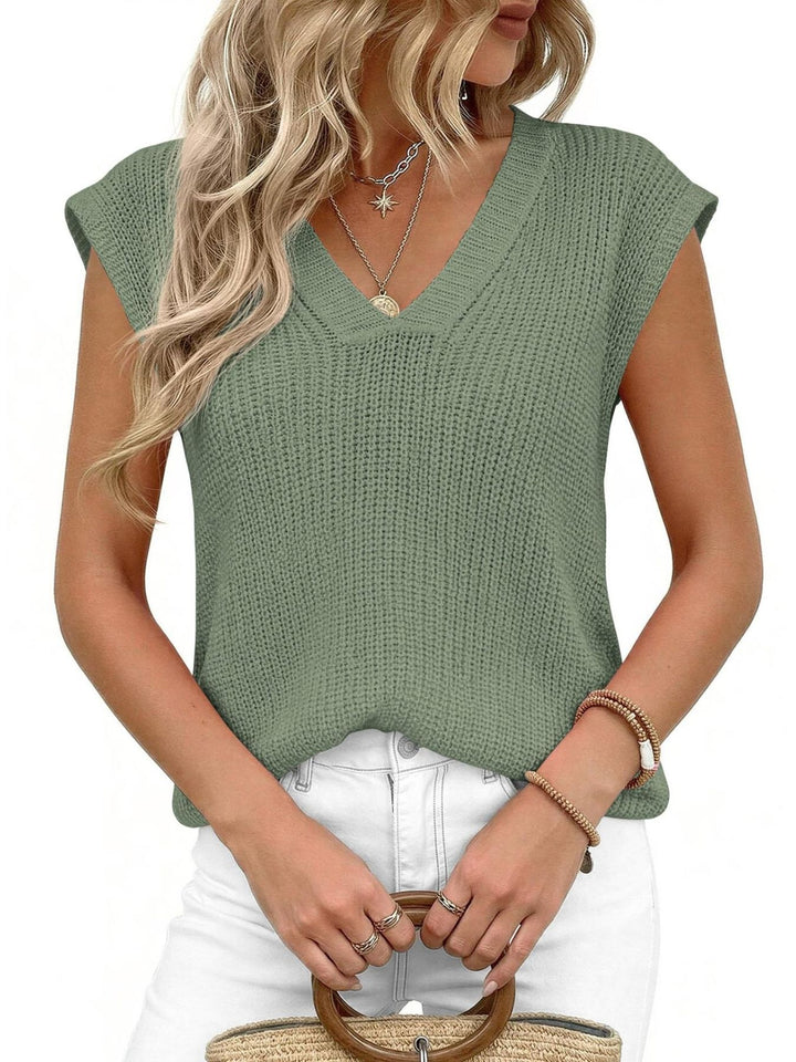 V-neck cap sleeve waffle knit sweater vest