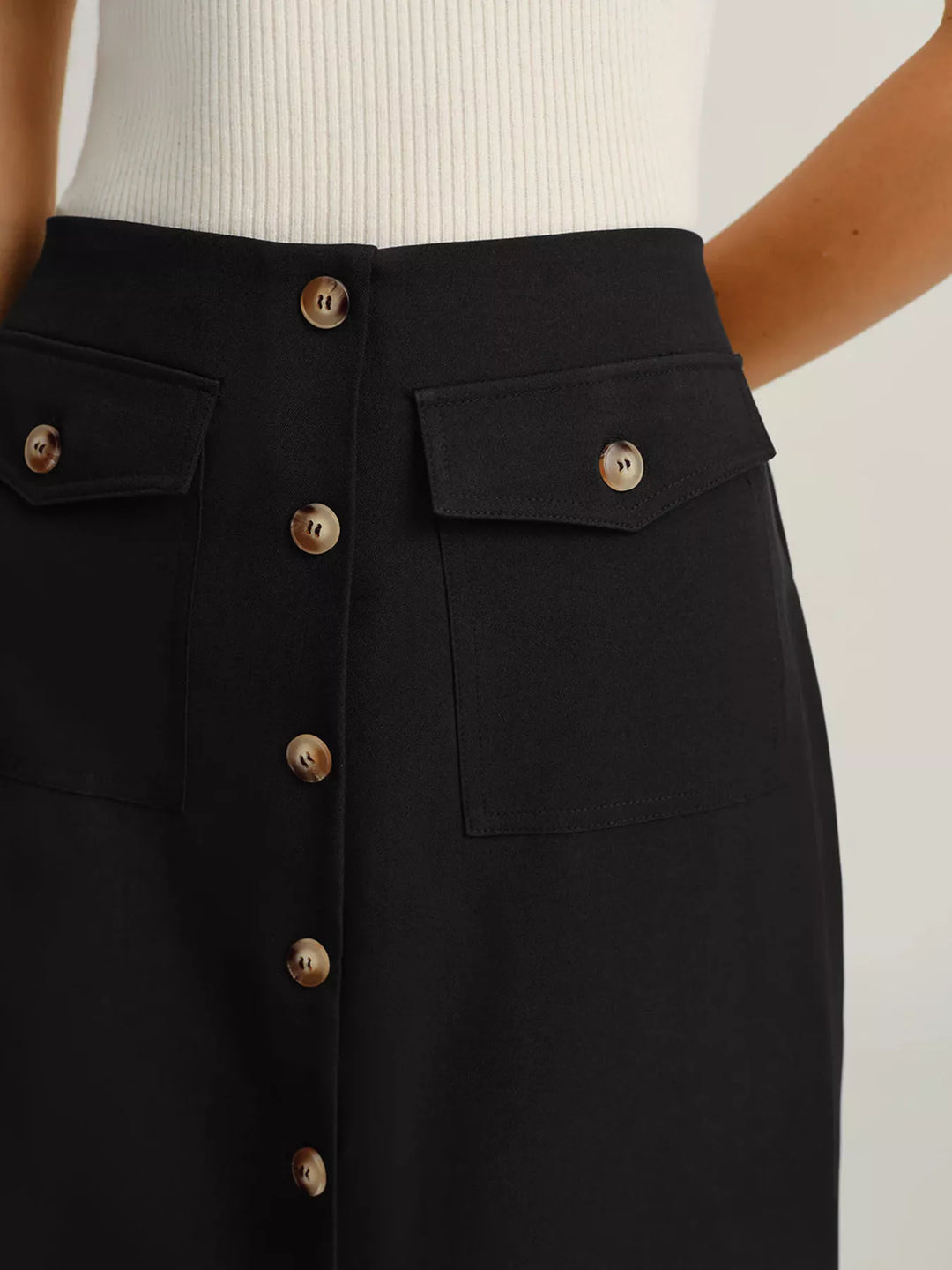 High-rise button-front midi skirt with flap pockets