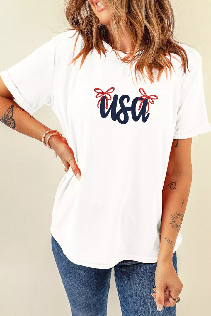 Embroidered USA script tee with red bow detail