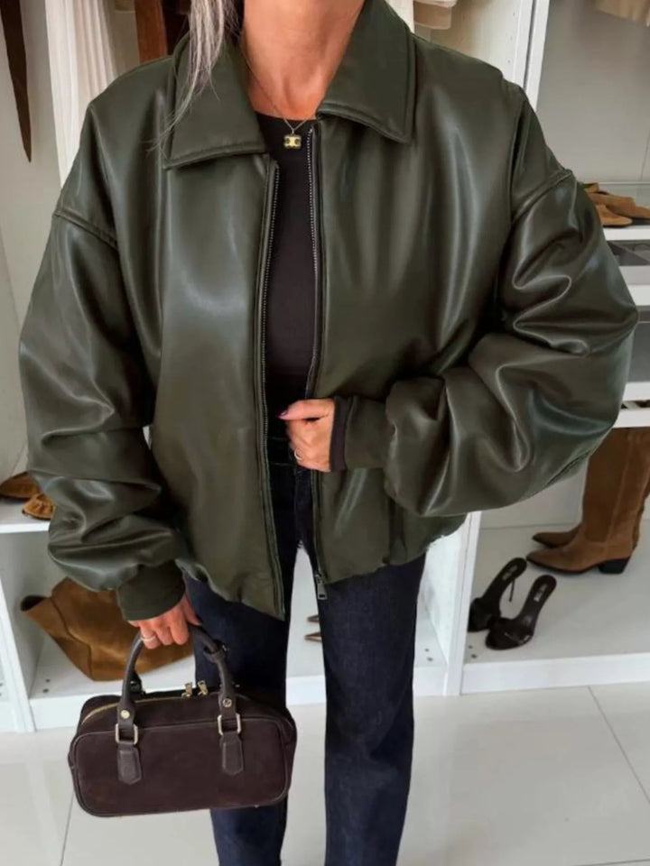 Olive Green Oversized faux leather zip-up jacket with dropped shoulders