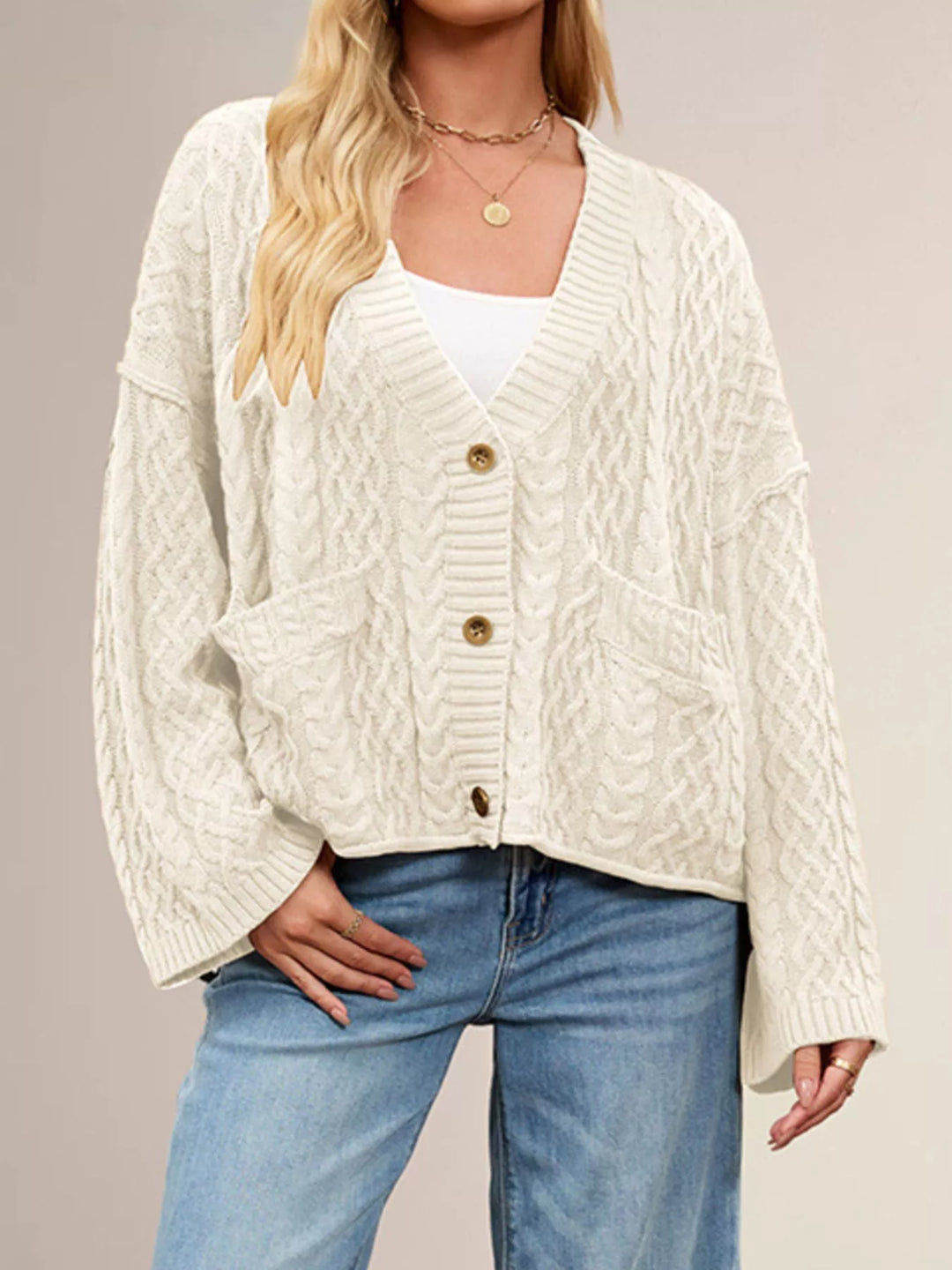 Apricot Cable knit button-front cardigan with patch pockets