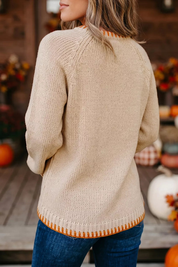 Pumpkin floral embroidery crew neck pullover sweater