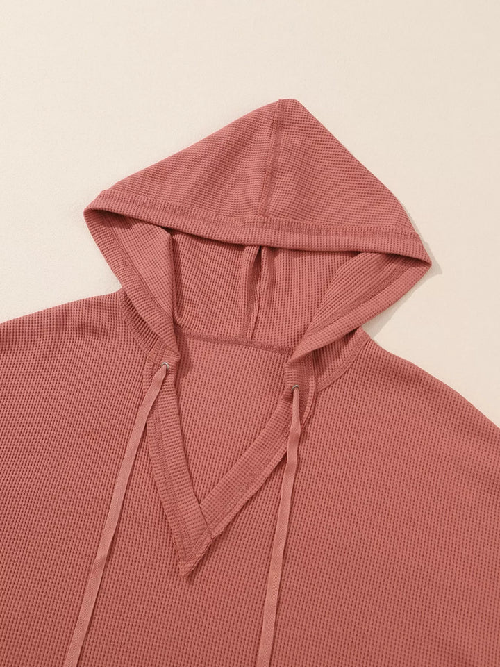 Waffle knit V-neck drawstring pullover hoodie