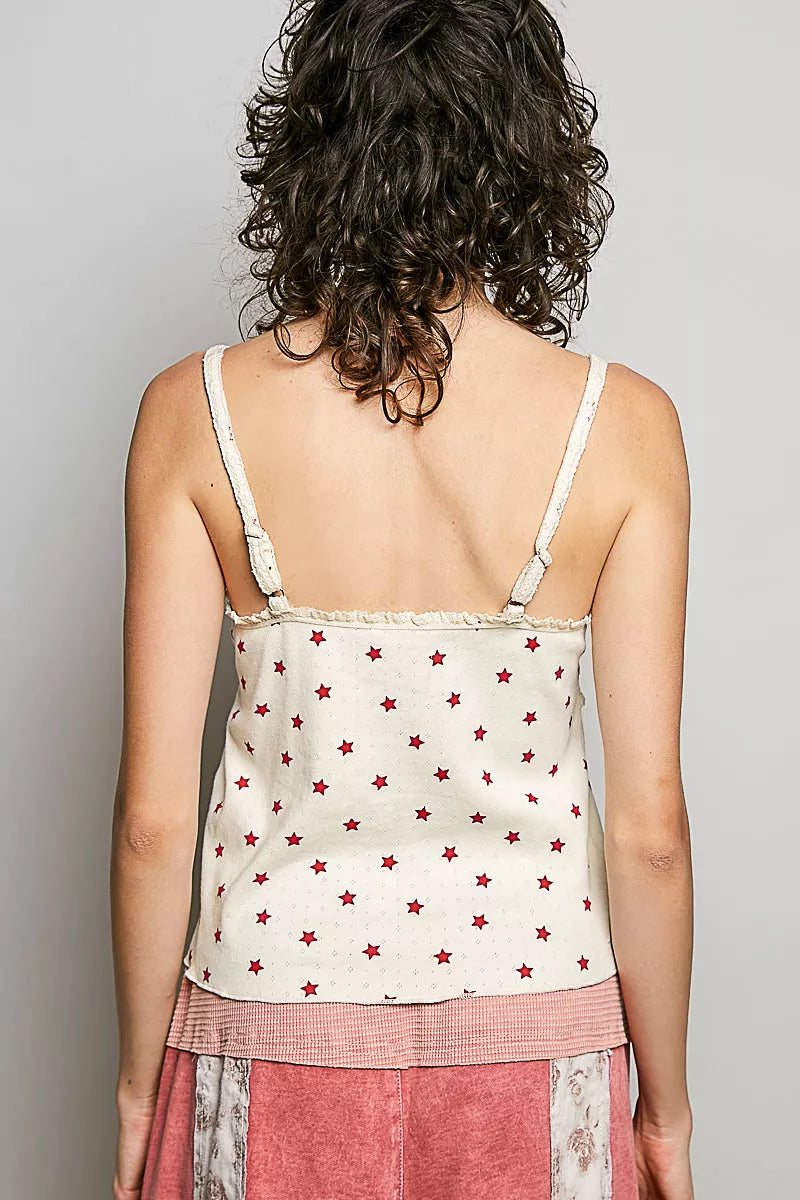 Allover star print ribbed cami with ruffle trim
